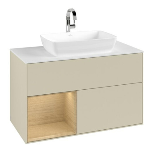 V&B Meuble sous lavabo Finion 100, blanc mat, avec étagère, poignée argent mat laquée