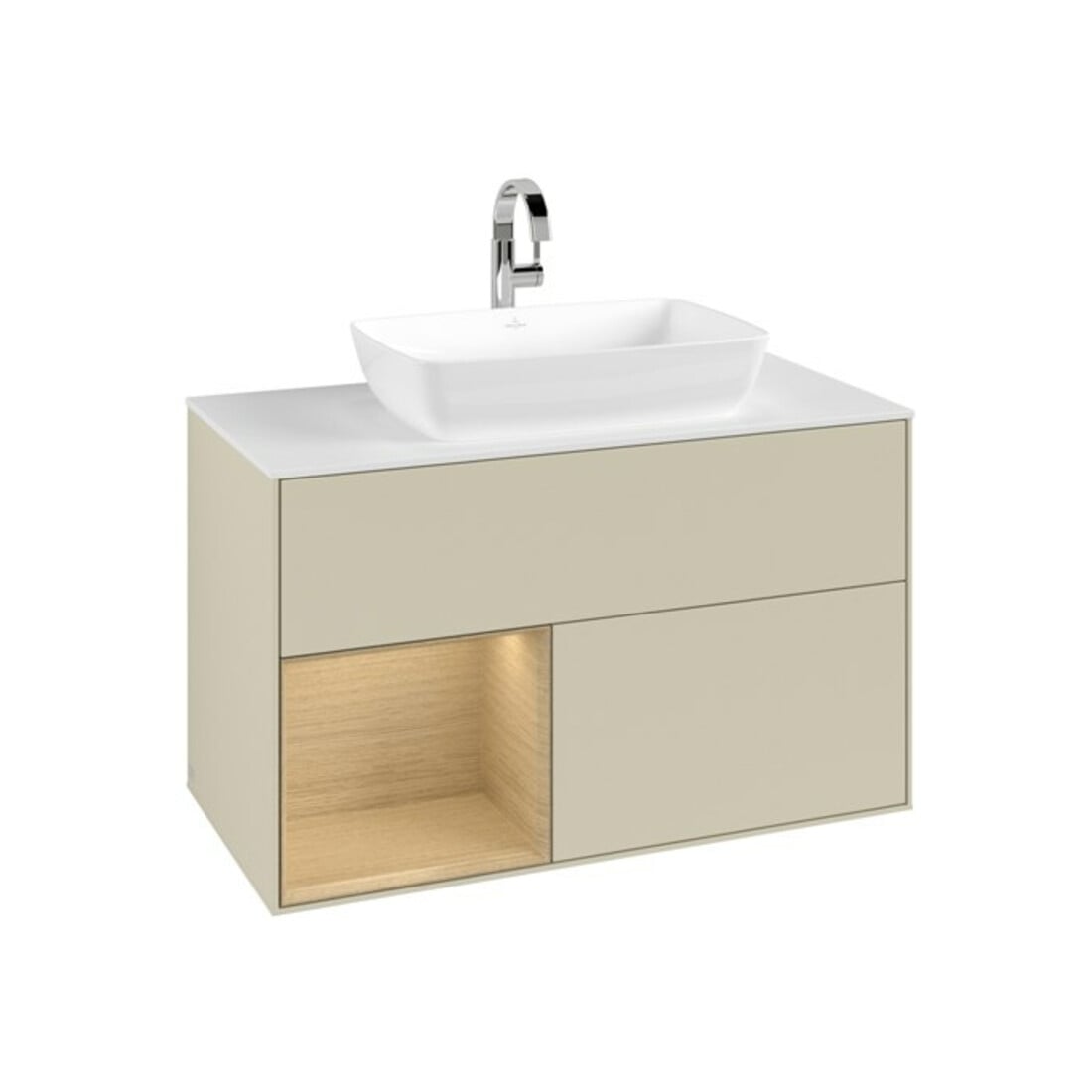 V&B Meuble sous lavabo Finion 100, blanc mat, avec étagère, poignée argent mat laquée