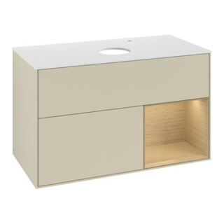 V&B Meuble sous lavabo Finion 100, blanc mat, avec rangement ouvert, gris mat laqué