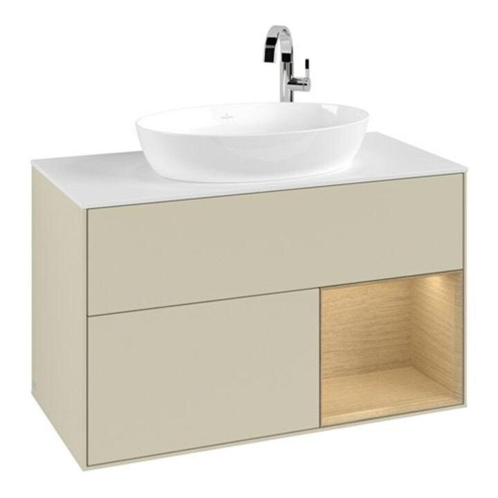 V&B Meuble sous lavabo Finion 100, blanc mat, avec rangement ouvert, gris mat laqué