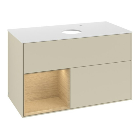 V&B Meuble sous lavabo Finion 100, blanc mat, avec rangement ouvert, gris moyen laqué