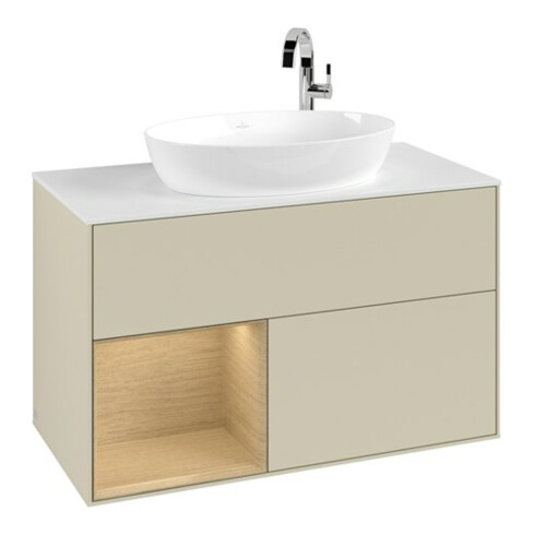 V&B Meuble sous lavabo Finion 100, blanc mat, avec rangement ouvert, gris moyen laqué