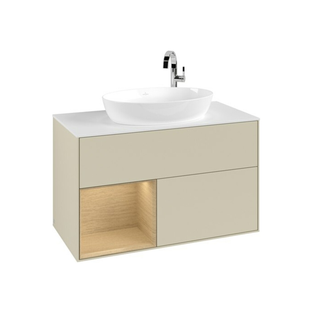 V&B Meuble sous lavabo Finion 100, blanc mat, avec rangement ouvert, gris moyen laqué