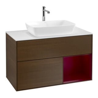 V&B Meuble sous lavabo Finion 100, blanc mat, avec rangement, placage noyer veinée