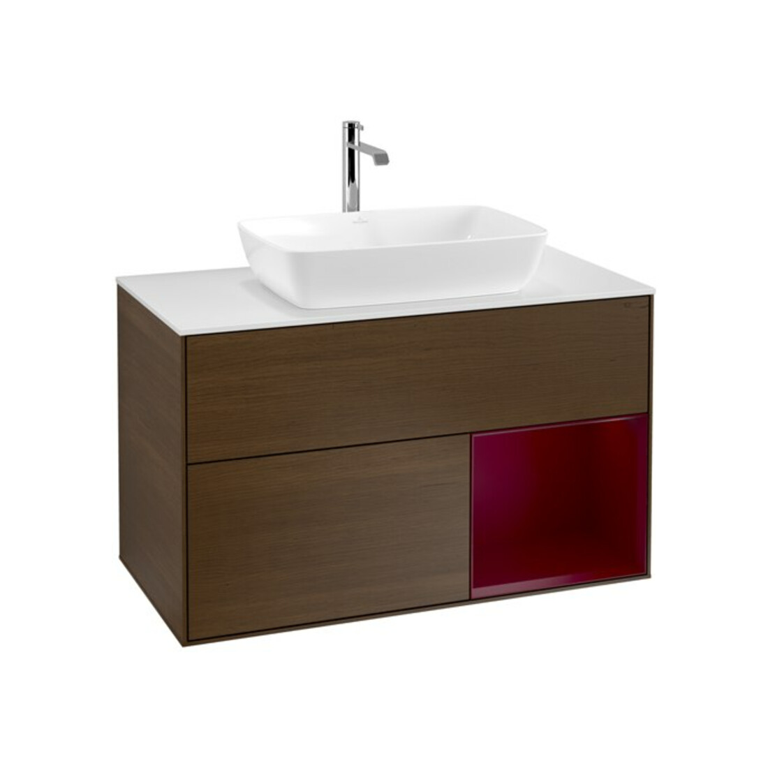 V&B Meuble sous lavabo Finion 100, blanc mat, avec rangement, placage noyer veinée