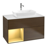 V&B Meuble sous lavabo Finion 100, blanc mat, avec tiroir doré, noyer veinée-1