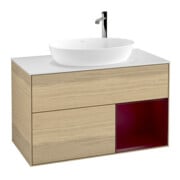 V&B Meuble sous lavabo Finion 100, blanc mat, avec tiroir, laqué, poignées ouvertes-1