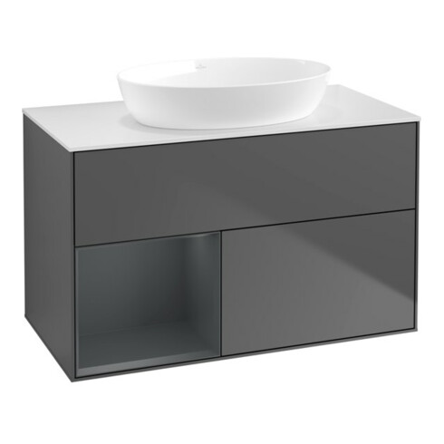 V&B Meuble sous lavabo Finion 100, blanc mat, avec tiroir médian, anthracite mat