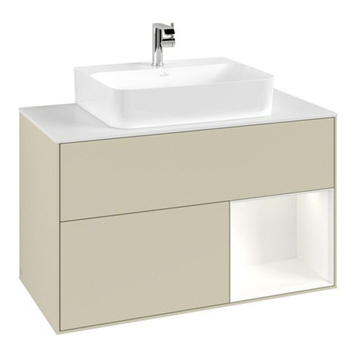 V&B Meuble sous lavabo Finion 100, blanc mat, côté droit blanc mat laqué, poignée gris mat laqué