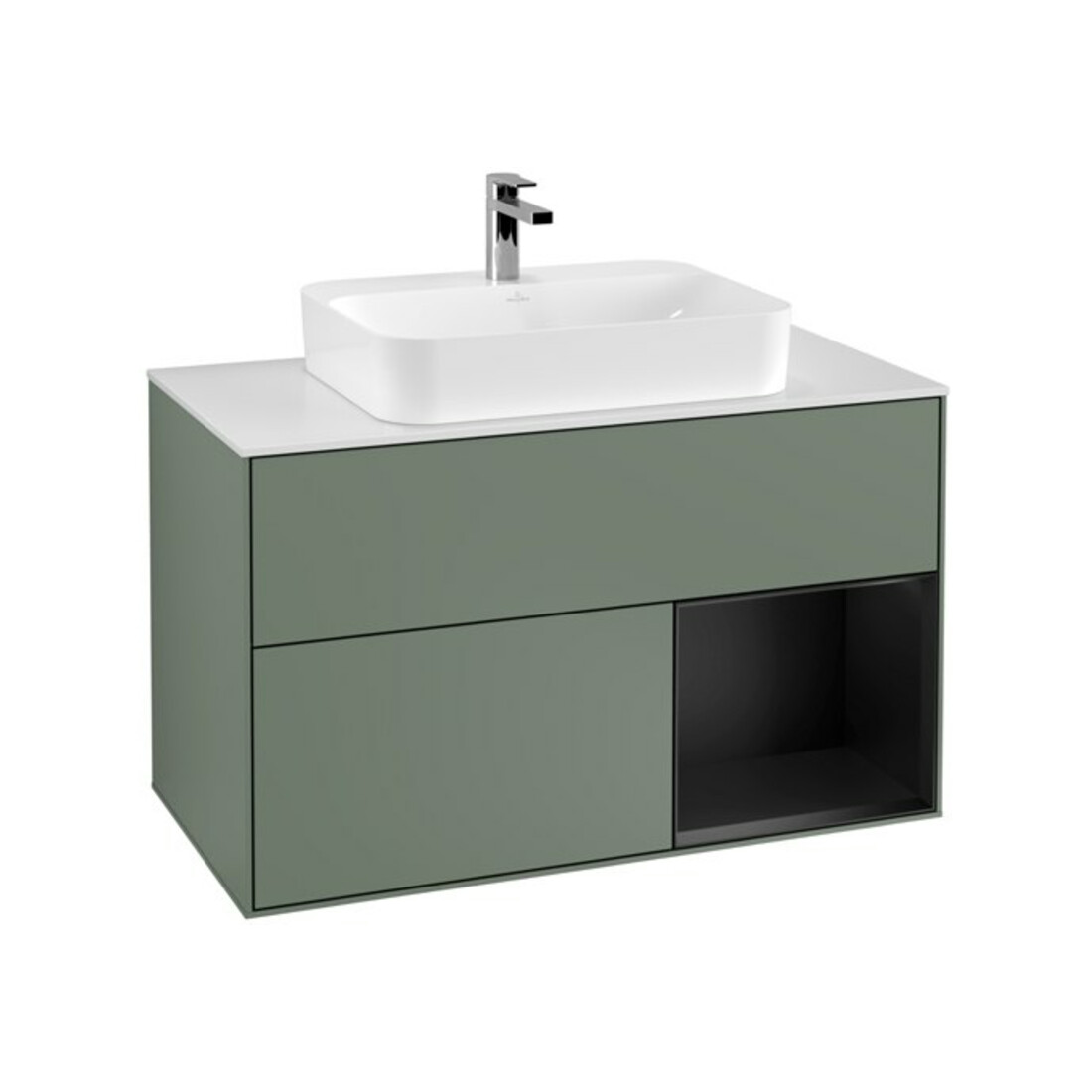 V&B Meuble sous-lavabo Finion 100, blanc mat, côté droit, bleu mat laqué, olivier mat laqué