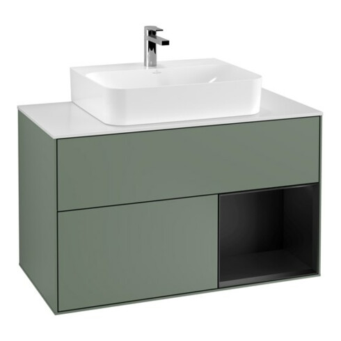 V&B Meuble sous lavabo Finion 100, blanc mat, côté droit, bleu mat laqué, poignée mate laquée