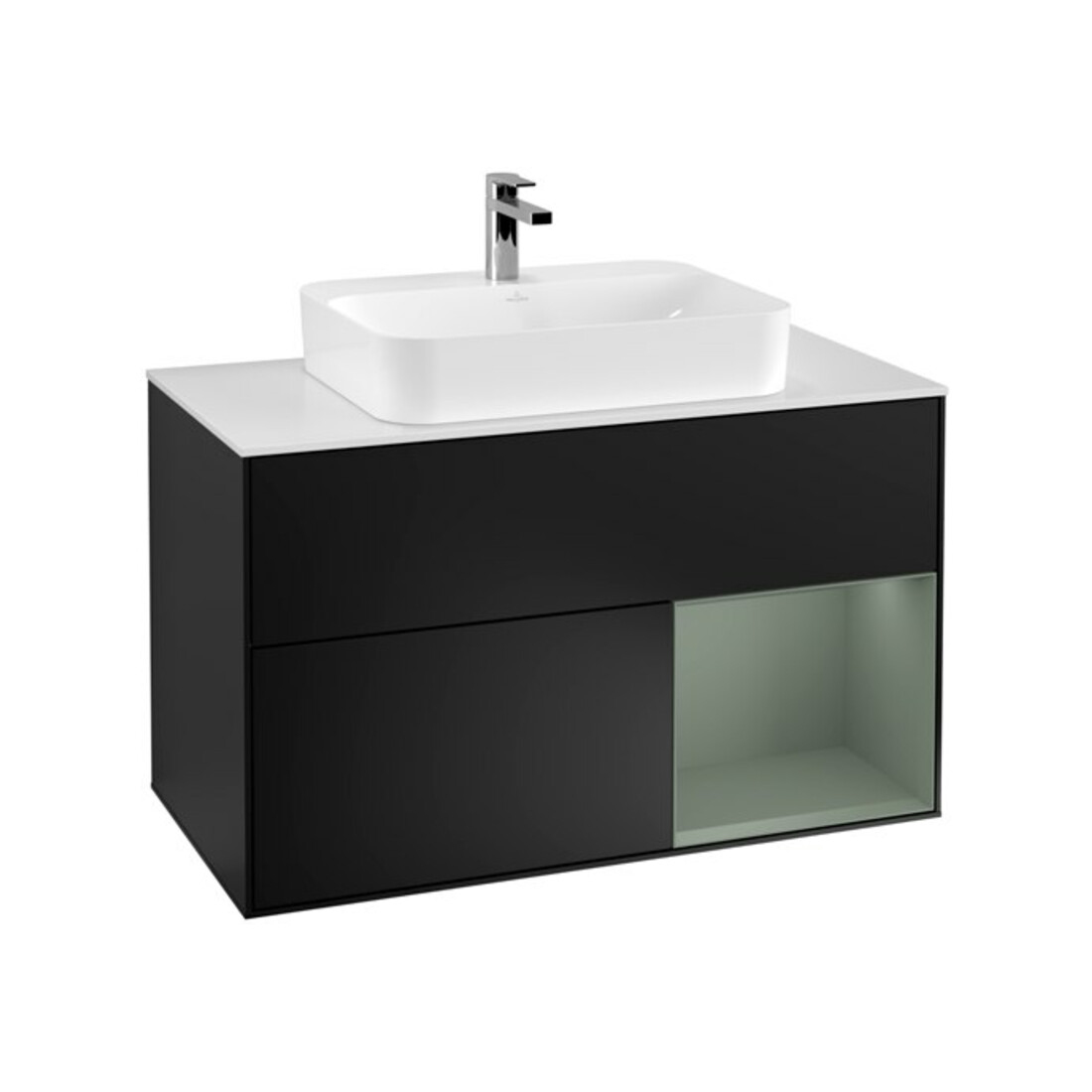 V&B Meuble sous lavabo Finion 100, blanc mat, côté droit, olivier mat laqué, bleu mat laqué