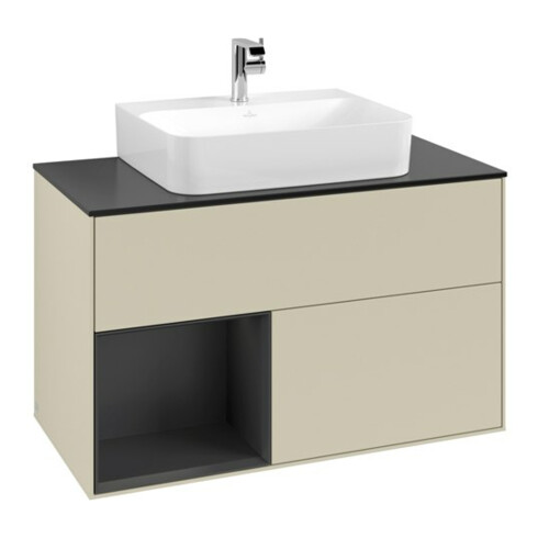 V&B Meuble sous-lavabo Finion 100, blanc mat, côté gauche, blanc mat laqué, poignée grise mat laquée