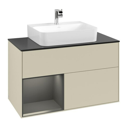 V&B Meuble sous lavabo Finion 100, blanc mat, côté gauche, bleu mat laqué, poignée argent mat laqué