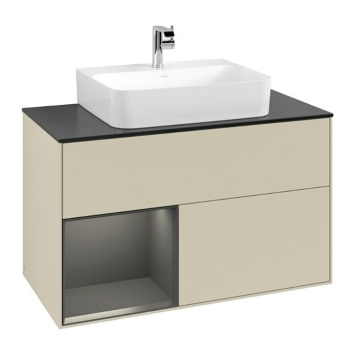 V&B Meuble sous lavabo Finion 100, blanc mat, côté gauche, bleu mat laqué, poignée argent mat laqué
