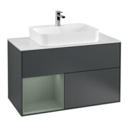 V&B Meuble sous-lavabo Finion 100, blanc mat, côté gauche, olivier mat laqué, avec façade bleue laquée