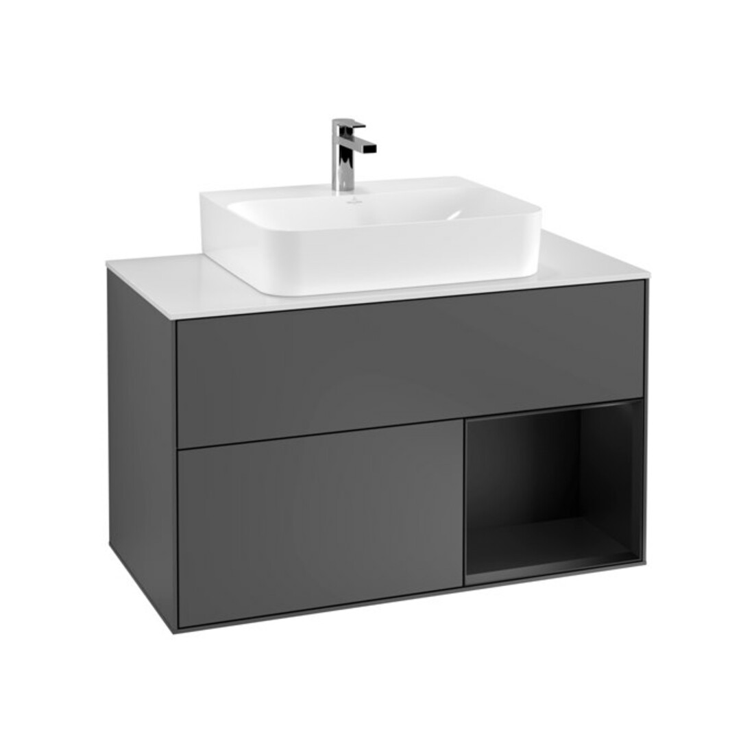 V&B Meuble sous lavabo Finion 100, blanc mat, éclairage mural, anthracite mat