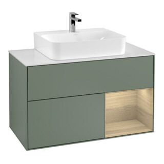V&B Meuble sous-lavabo Finion 100, blanc mat, éclairage mural, rangement à droite, huile mat laqué