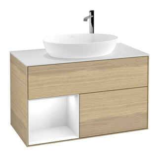 V&B Meuble sous lavabo Finion 100, blanc mat, éclairage mural, réglette globale blanc lac, Oa ven