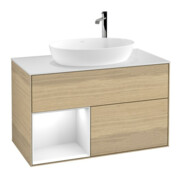 V&B Meuble sous lavabo Finion 100, blanc mat, éclairage mural, réglette globale blanc lac, Oa ven