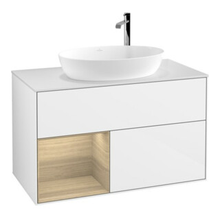 V&B Meuble sous lavabo Finion 100, blanc mat, éclairage mural, réglette Oa ven, laque blanc brillant