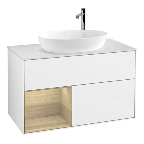 V&B Meuble sous lavabo Finion 100, blanc mat, éclairage mural, réglette Oa ven, laque blanc brillant
