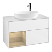 V&B Meuble sous lavabo Finion 100, blanc mat, éclairage mural, réglette Oa ven, laque blanc brillant