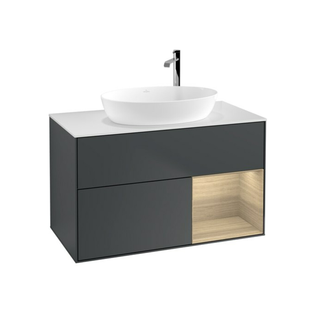 V&B Meuble sous lavabo Finion 100, blanc mat, éclairage mural, régulateur Oa ven, bleu mat avec laque