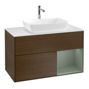 V&B Meuble sous lavabo Finion 100, blanc mat, éclairage mural, tablette huilée, placage noyer