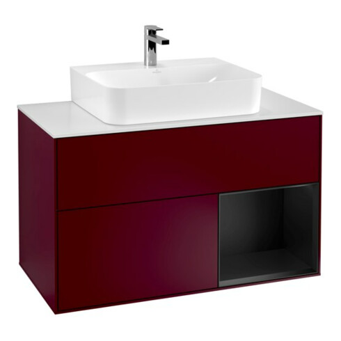 V&B Meuble sous-lavabo Finion 100, blanc mat, éclairage mural, tiroir à droite, bleu mat, poignée métallique