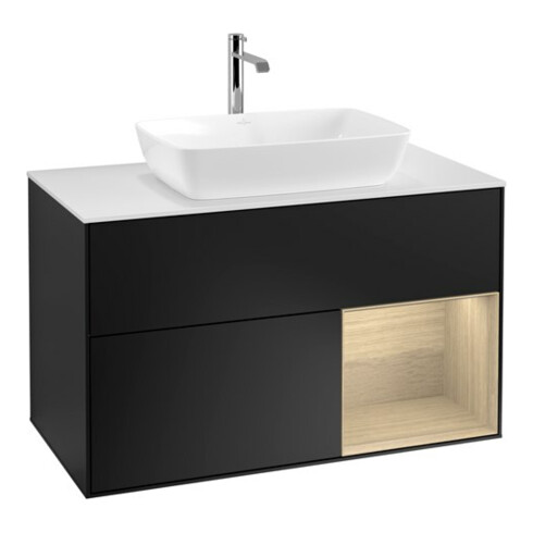 V&B Meuble sous lavabo Finion 100, blanc mat, éclairage mural, tiroir à régulation, bleu mat Lac