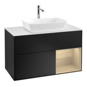 V&B Meuble sous lavabo Finion 100, blanc mat, éclairage mural, tiroir à régulation, bleu mat Lac