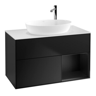 V&B Meuble sous-lavabo Finion 100, blanc mat, éclairage mural, tiroir bleu mat laqué