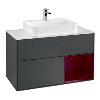 V&B Meuble sous lavabo Finion 100, blanc mat, éclairage mural, tiroir droit, façade bleu mat laqué
