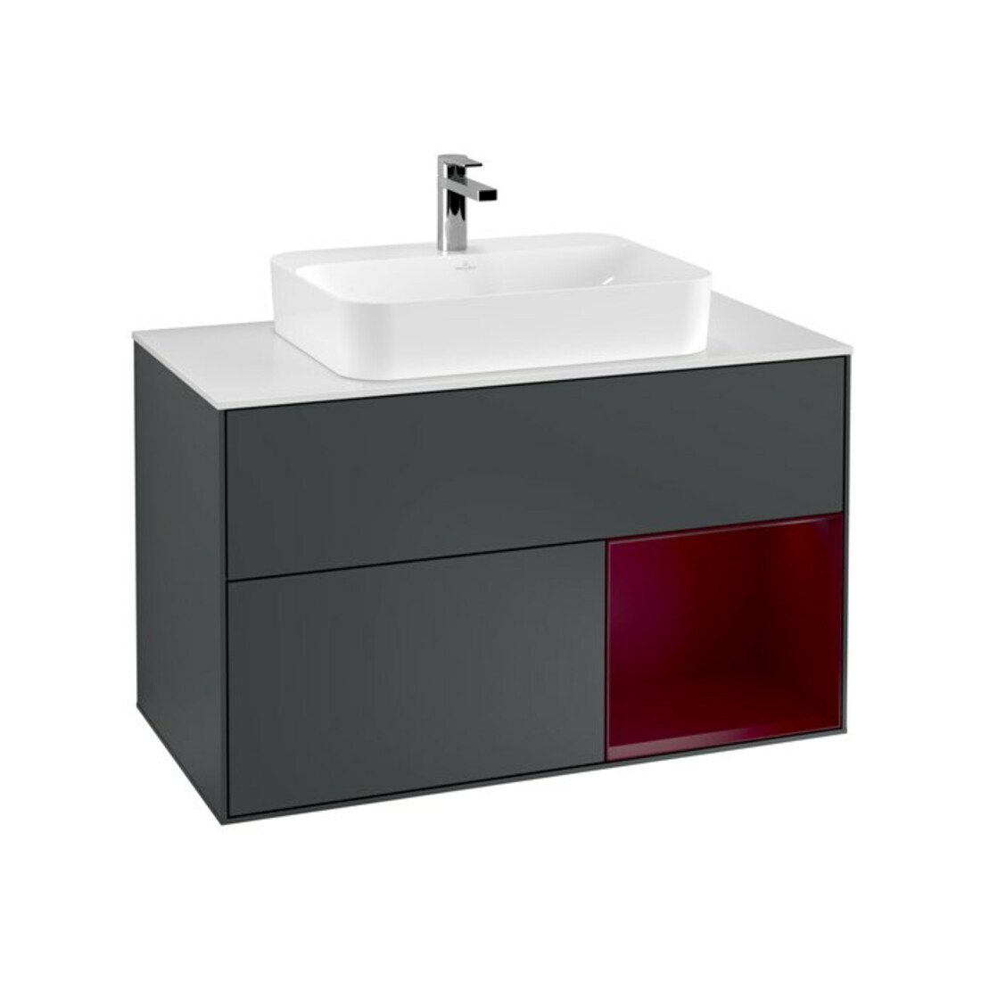 V&B Meuble sous lavabo Finion 100, blanc mat, éclairage mural, tiroir droit, façade bleu mat laqué