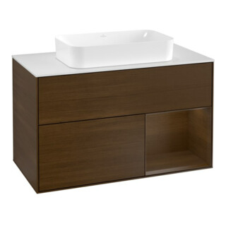 V&B Meuble sous lavabo Finion 100, blanc mat, éclairage mural, tiroir droit, finition noyer veneer