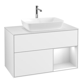 V&B Meuble sous lavabo Finion 100, blanc mat, étagère blanche laquée, blanc brillant laqué