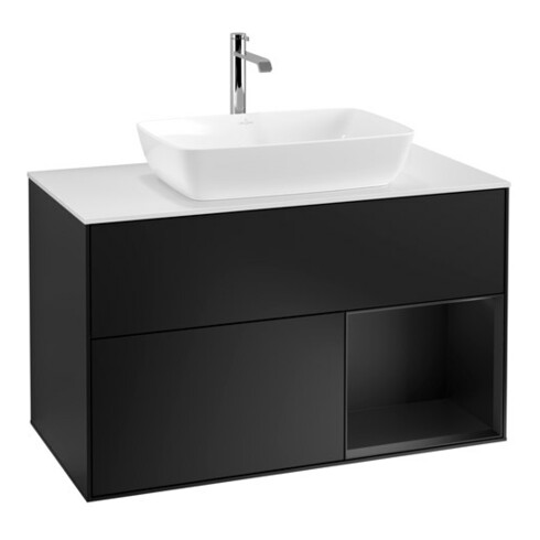 V&B Meuble sous lavabo Finion 100, blanc mat, étagère bleu mat laqué, éclairage mural