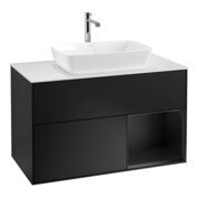 V&B Meuble sous lavabo Finion 100, blanc mat, étagère bleu mat laqué, éclairage mural