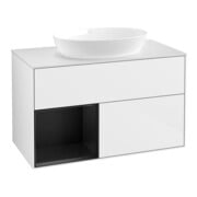 V&B Meuble sous lavabo Finion 100, blanc mat, étagère bleue, laqué blanc brillant