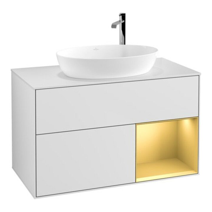 V&B Meuble sous-lavabo Finion 100, blanc mat, étagère dorée mate laquée, blanc mat laqué