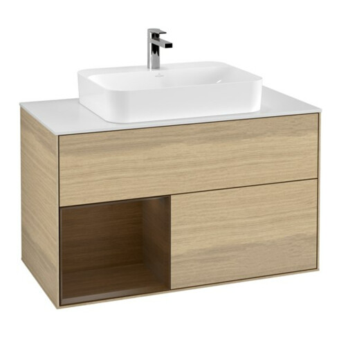 V&B Meuble sous lavabo Finion 100, blanc mat, étagère gauche, bois noyer, bois chêne