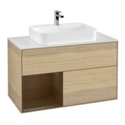 V&B Meuble sous lavabo Finion 100, blanc mat, étagère gauche, bois noyer, bois chêne