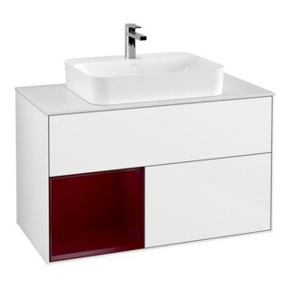 V&B Meuble sous-lavabo Finion 100, blanc mat, étagère gauche, éclairage mural, blanc brillant laqué