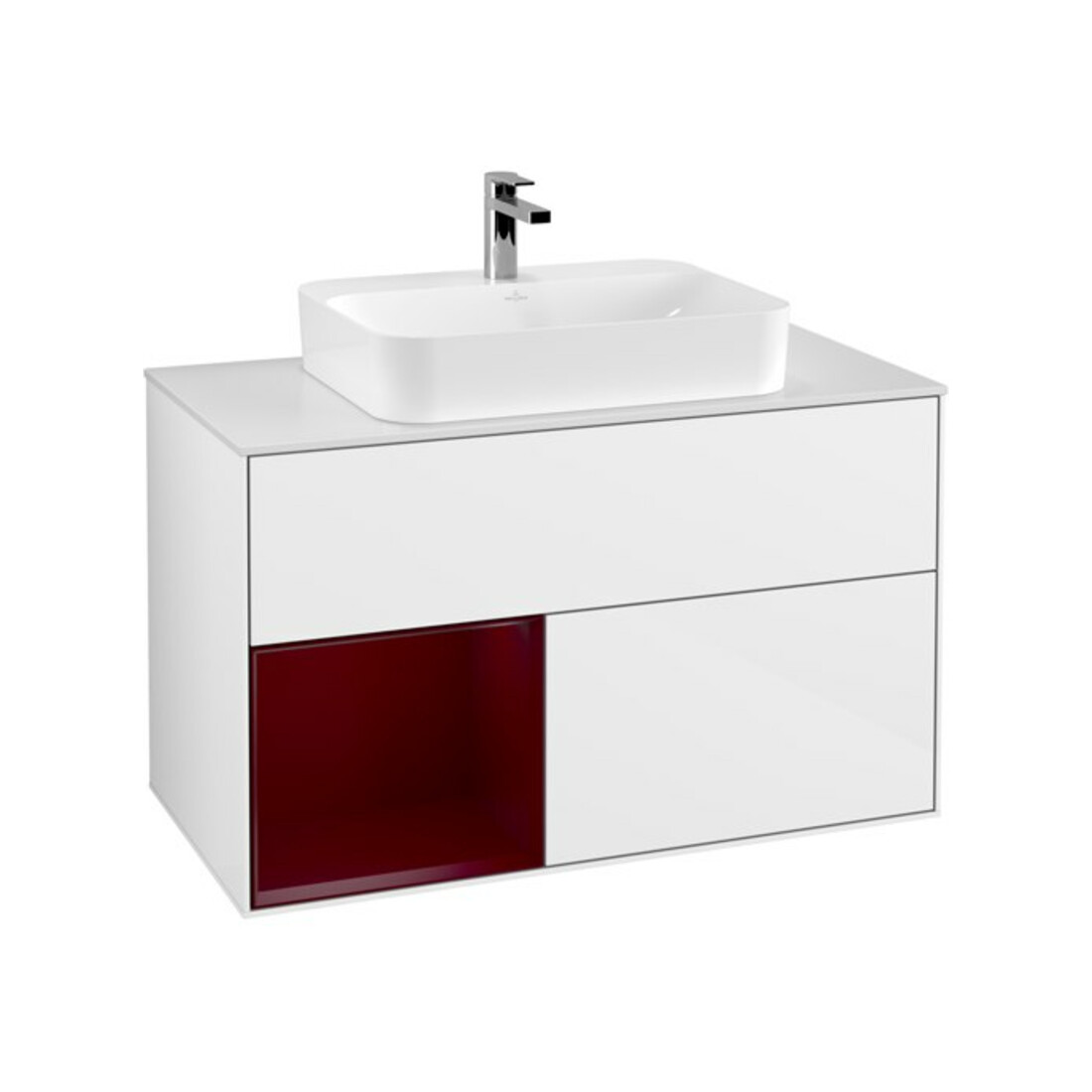 V&B Meuble sous-lavabo Finion 100, blanc mat, étagère gauche, éclairage mural, blanc brillant laqué