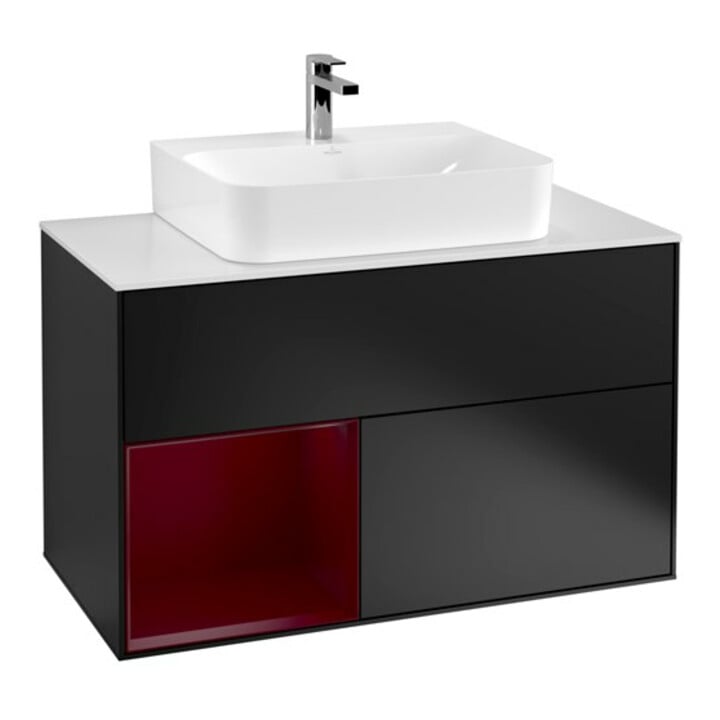 V&B Meuble sous-lavabo Finion 100, blanc mat, étagère gauche, éclairage mural, bleu mat laqué