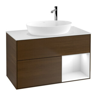 V&B Meuble sous lavabo Finion 100, blanc mat, étagère globale blanc laqué, placage noyer
