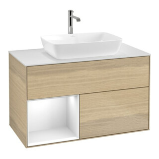 V&B Meuble sous lavabo Finion 100, blanc mat, étagère globale blanc laqué, poignée ven