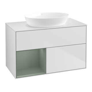 V&B Meuble sous lavabo Finion 100, blanc mat, étagère huile, laqué blanc