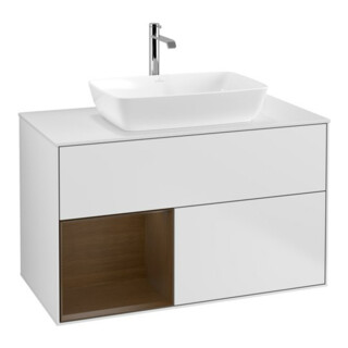 V&B Meuble sous lavabo Finion 100, blanc mat, étagère noyer, blanc mat laqué